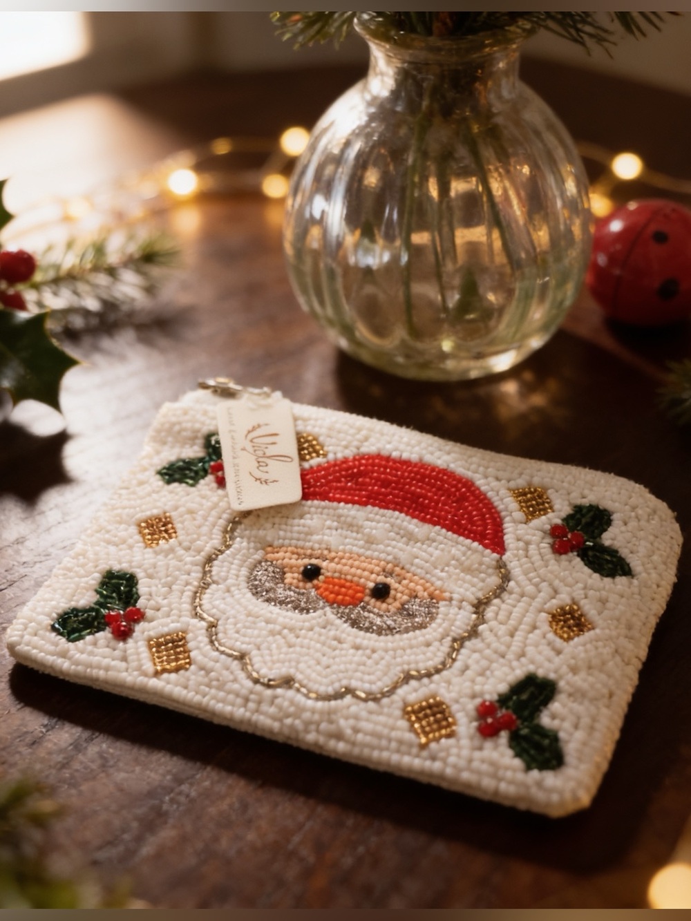 Handmade Beaded Santa Holiday Pouch - White & Red
